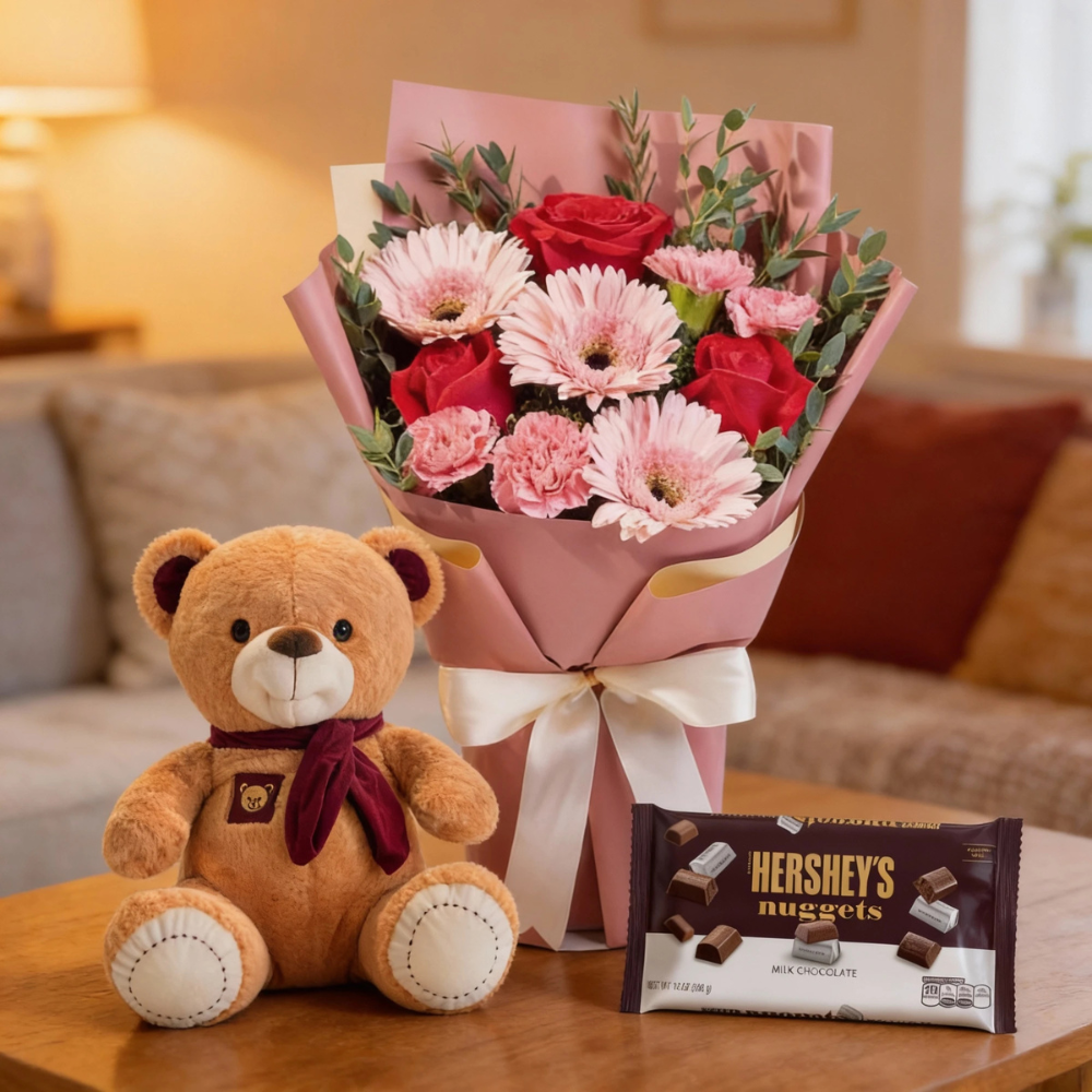 Birthday Gift Combo featuring a pink flower bouquet with red roses and pink gerberas, a teddy bear and a Hershey’s chocolate bar.