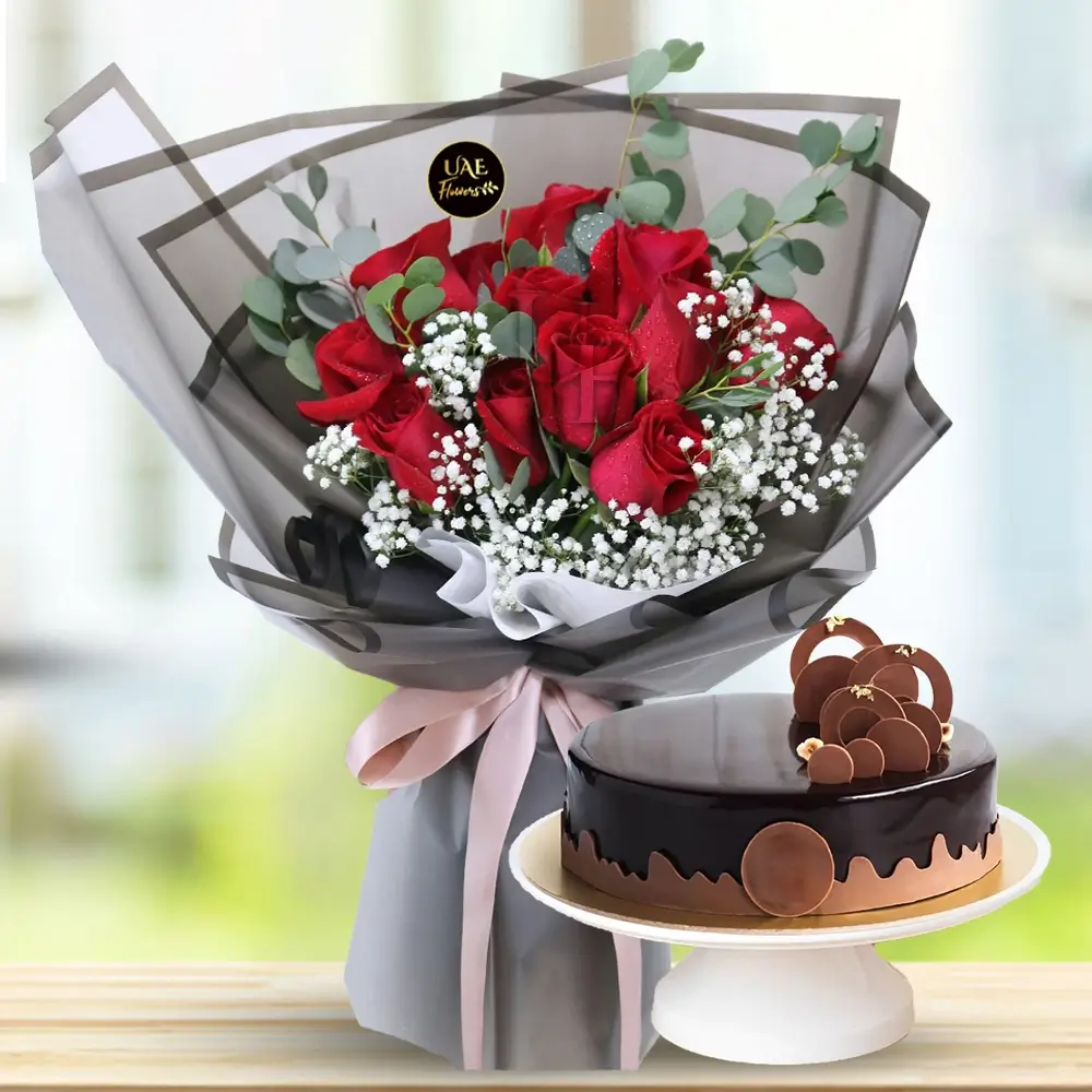 Red Roses Bouquet with Cake