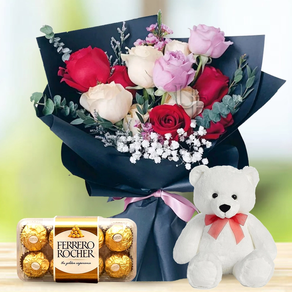 Rose Bouquet, Teddy & Chocolate