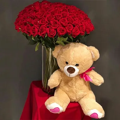 Red Roses in Vase & Teddy